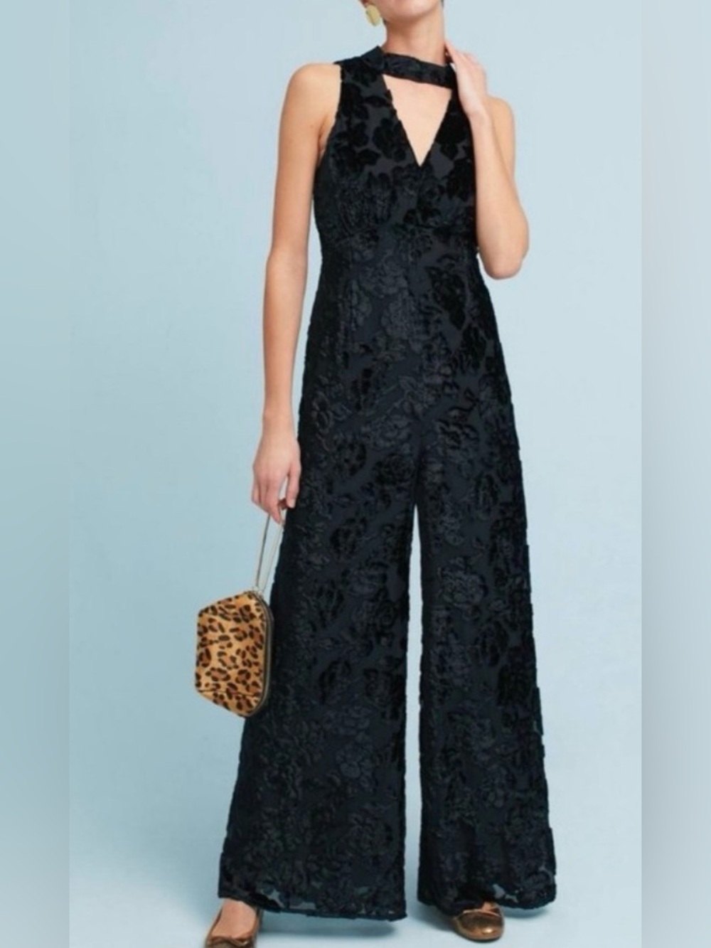 Anthropologie Maeve Laurette Floral Burnout Velvet Wide Leg Jumpsuit Size 6